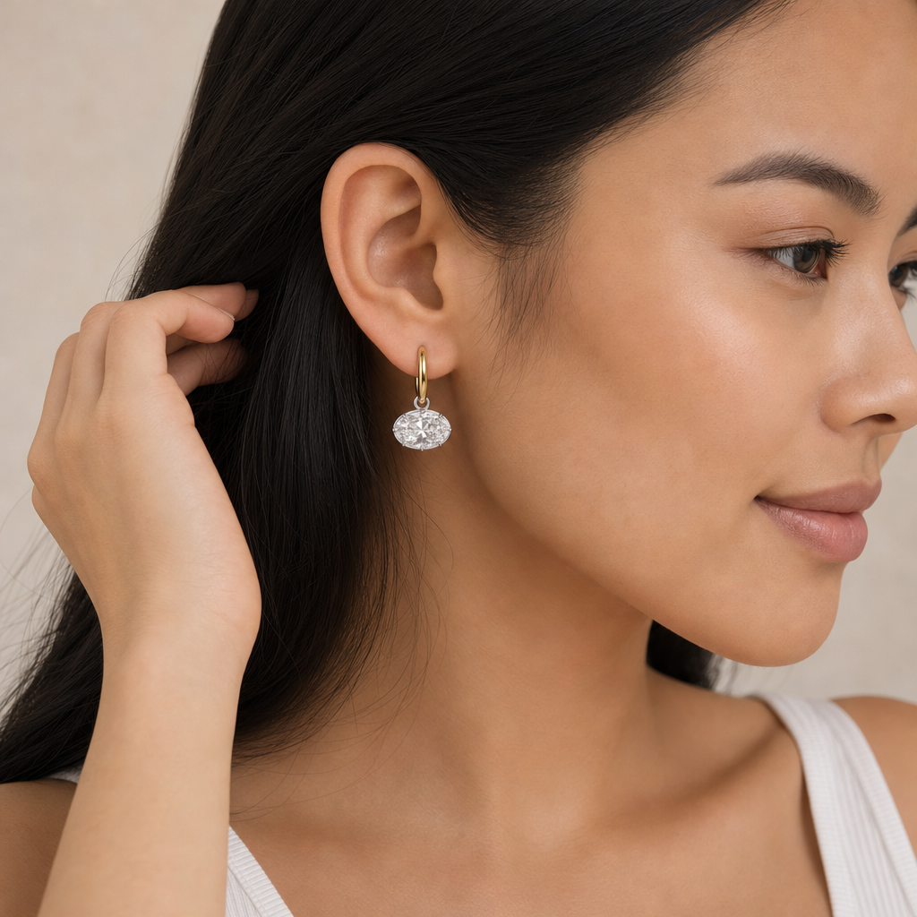East West Diamond Oval Drop earring in mixed metal, worn