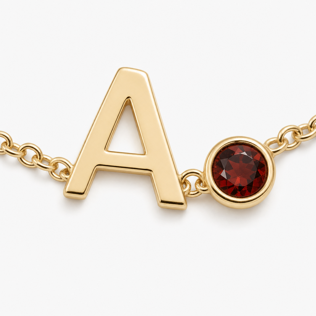 Colette bracelet - letter and birthstone charm macro detail