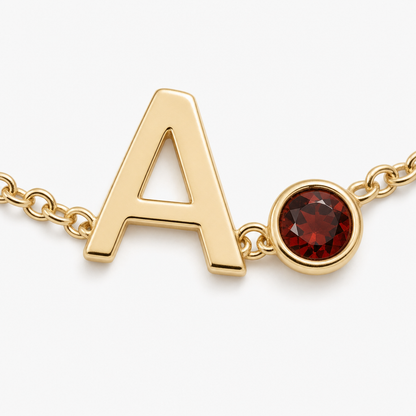 Colette bracelet - letter and birthstone charm macro detail