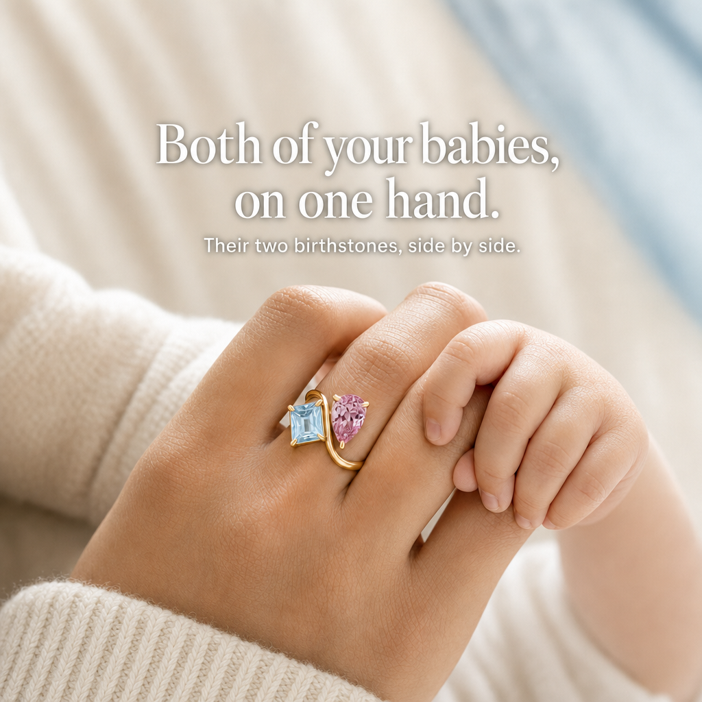 Verity Birthstone Duo Ring - both of your babies' birthstones on one hand