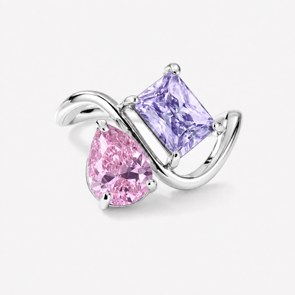 Verity Birthstone Duo Ring (Silver) - polished silver bypass ring, October pear & February rectangle birthstones
