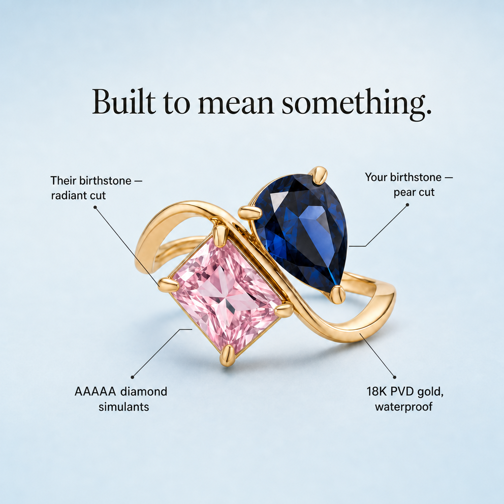 Verity Birthstone Duo Ring - 18K PVD gold, AAAAA diamond simulant birthstones