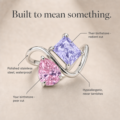 Verity Birthstone Duo Ring (Silver) - polished stainless steel, pear and radiant cut birthstones