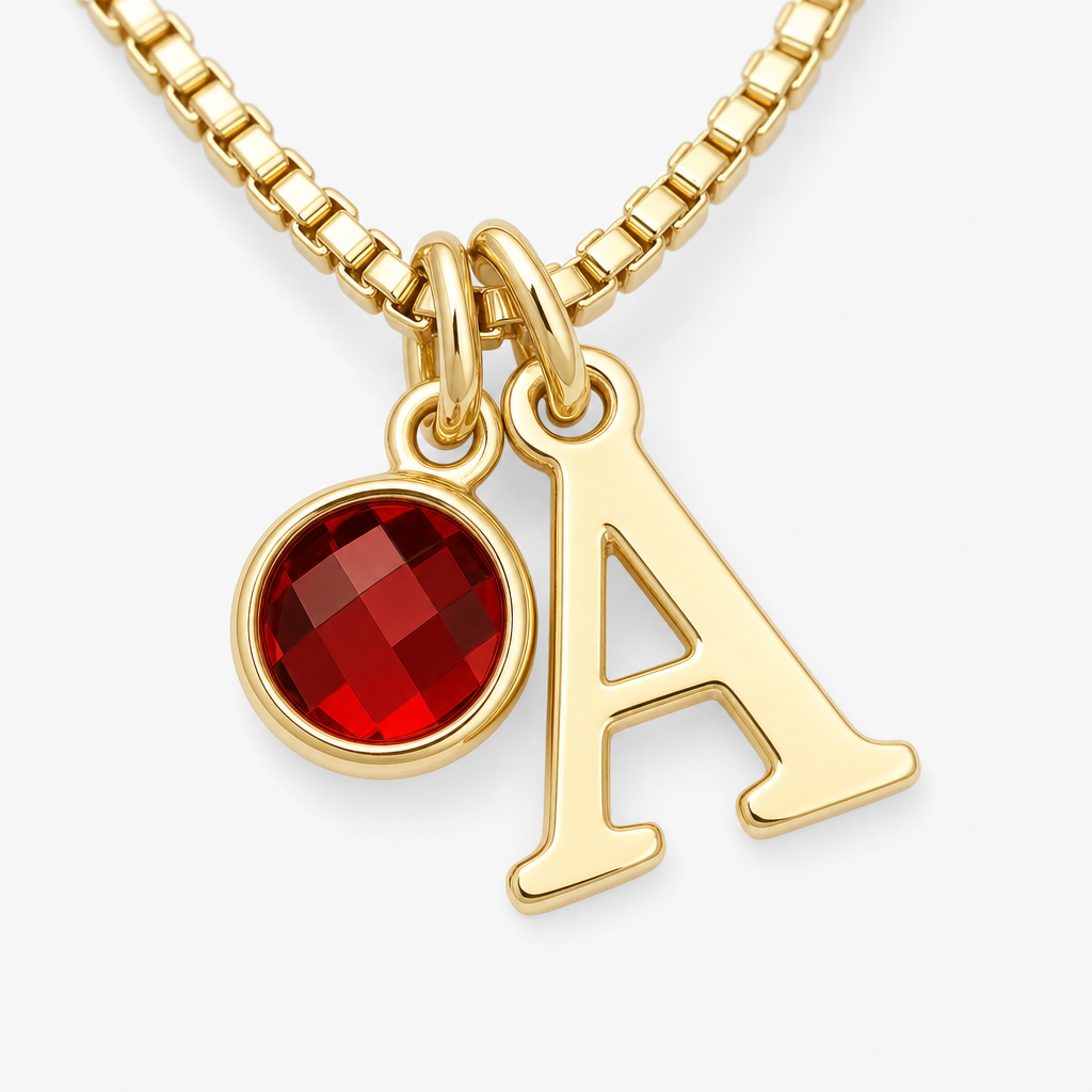 Sylvie necklace - letter and birthstone charm macro detail